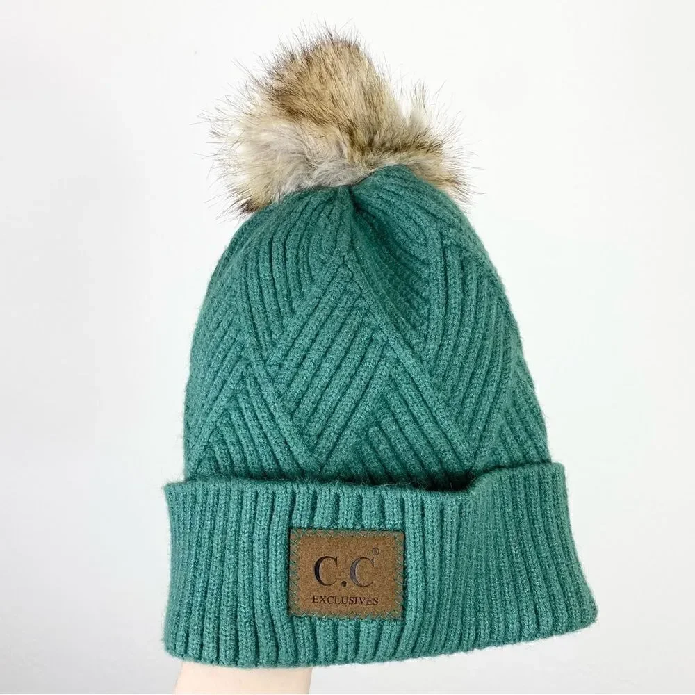 CC Exclusives Green Knit Faux Fur Pom Pom Winter Beanie Hat